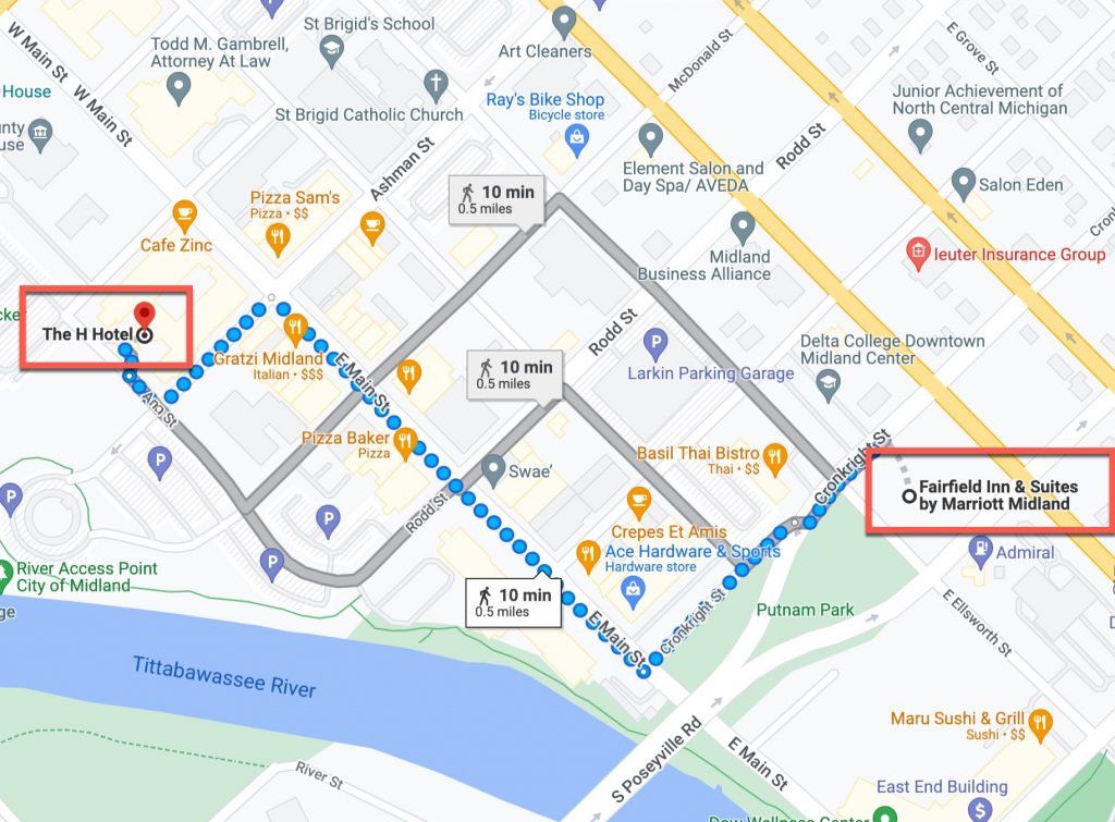 Map showing distance between the two hotels