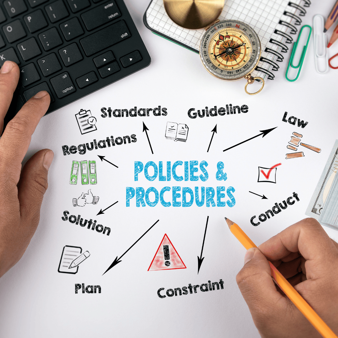 policy and procedure keyboard pens, papers