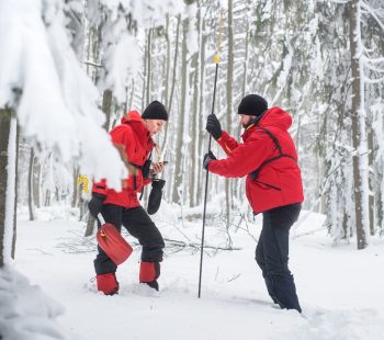 Mountain rescue service on operation outdoors in winter in forest, finding person after avalanche